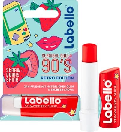 Image of Labello Strawberry Shine Straight Outta 90's Retro Edition, Scented Lip Balm with Natural Oils and Strawberry Flavour, Nourishing Lip Balm with Delicate Shine (4.8 g)