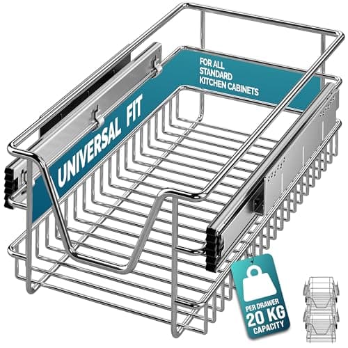 Image of CASARIA® 2x Pull Out Telescopic Kitchen Drawer | For 30cm Units - 26cm Internal Cabinet Dimensions | Chrome-Plated | 20kg Load Capacity | Basket Shelf Organiser Storage Space Saving