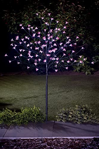 Image of spot on dealz® 4 FT Cherry Blossom Tree Outdoor Decorations for Garden 128 LED Solar Powered Garden Lights Tree Ornaments for Home Decor Display Indoor Pink