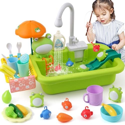 Image of FRUSE Play Sink with Running Water,Kids Play Kitchen Sink Toy with Upgraded Electric Faucet,Kids Kitchen Accessories,Fishing Water Toys,Pretend Role Dishwasher Toy for Boys Girls(Green)