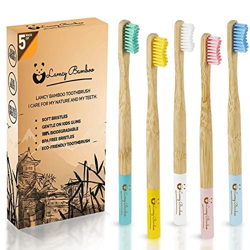 Image of Lamcy Bamboo Toothbrushes for Adults with Medium Bristles | Pack of 5 Natural Bamboo Toothbrush | Eco-Friendly Natural Wooden Toothbrush | Organic Biodegradable Handle | BPA Free Tooth Brushes