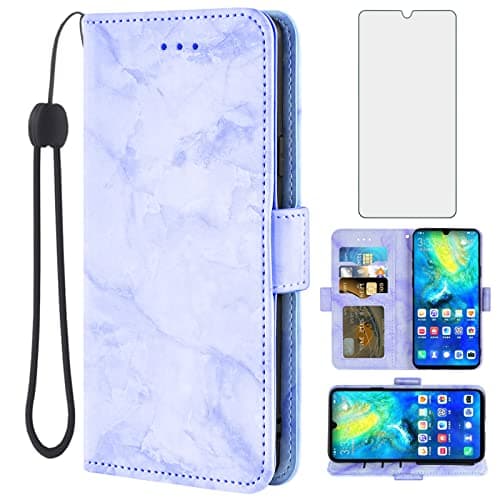 Image of Asuwish Phone Case for Huawei Mate 20 X 5G with Tempered Glass Screen Protector and Marble Wallet Cover Card Holder Slot Stand Cell Accessories Hawaii Mate20X 4G Mate20 20X G5 7.2 inch Women Purple