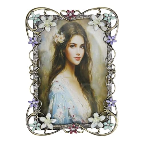 Image of Essovee Vintage Photo Frame 4x6, Metal Picture Frame with European Floral Ornate Enamel Flower & Bronze Metal Design with HD Glass for Wedding/Family Memory Photos, Retro Style Home Decor Gift