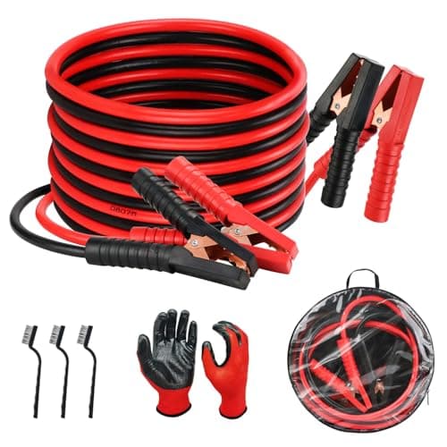 Image of Jump Leads Car Van Battery Jumper Cables, Heavy Duty 2000AMP 4 Meters Long Booster Cables for Jump Starting Petrol Diesel Car Battery with Gloves, Brushes and Bag