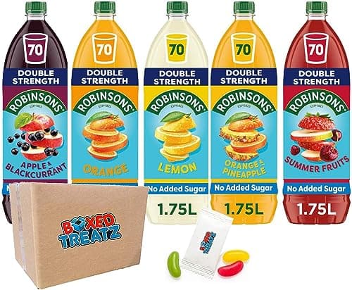 Image of Robinsons Double Strength No Added Sugar Squash 1.75L Assorted Robinsons Concentrate Squash Bundle Of 5 Orange & Pineapple Lemon Summerfruits Orange Blackcurrant & Apple Boxed Treatz
