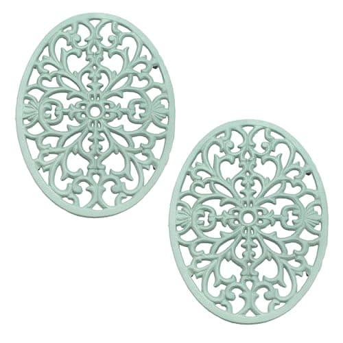 Image of SUMTree Pack of 2 Oval Cast Iron Trivets, Decorative Heavy Duty Hot Pot Holder Mat, Vintage Pattern Cast Iron Trivet with Rubber Pegs for Kitchen Dining Table, 24.5 * 18.5 * 1.8cm, Green