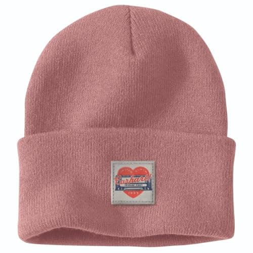 Image of Carhartt Women's Knit Heart Patch Beanie Hat, Rose Tint, One Size