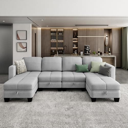 Image of Jooli H 6 Seater Sofa with Hidden Storage, Fabric Corner Sofa with Movable Ottoman and Upholstered Cushions, U-Shaped Modular Sectional Sofa for Living Room and Home Office, Light Grey