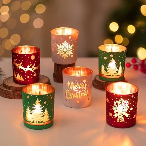 Image of Hewory Christmas Candle Holder Decorations: Set of 6 Tea Light Candle Holders Christmas Table Centrepiece, Xmas Ornaments Tealight Holders with Winter Santa Tree Pattern