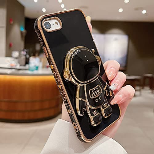 Image of LRANKAI Case for iPhone 7/8/SE 2020/SE 2022 with Astronaut Stand,Luxury Plating Electroplate Case with Camera Protection Cute Love Heart Side Pattern Soft Silicone Shockproof Kickstand Cover-Black