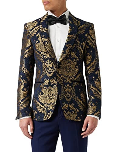 Image of Men’s Jacquard Blazer Gold Brocade on Flocked Navy Velvet Tailored Fit Tux Jacket [BLZ-311-BLUE-44]
