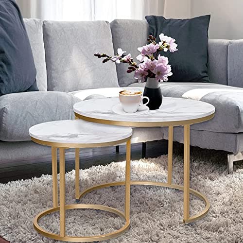 Image of HEYZOEY Round Coffee Tables, Removable Set of 2 End Table, Nesting Tables with Gold Metal Frame Legs and Marble White Top for Living Room, Bedroom, Office, Balcony, Apartment (White)