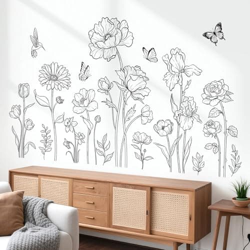 Image of decalmile Large Black Boho Flower Wall Decals Simple Sketch Floral Wildflower Butterfly Wall Stickers Bedroom Living Room Sofa TV Background Home Decor