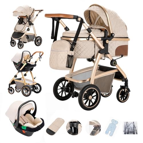Image of Gcarebb 3 in 1 Prams Travel System, Pushchair with Height Adjustable Handle, Travel Pram with Mosquito Net, Baby Stroller with Aluminum Frame for Newborn 0-4 Years