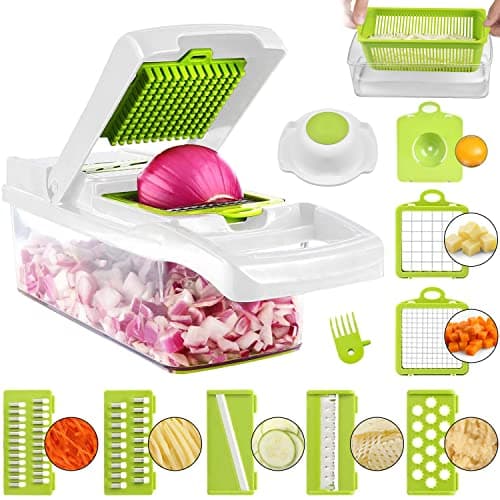 Image of ADOV Vegetable Chopper, Multi-Function Kitchen Mandoline Slicer, 7 Replaceable Stainless Steel Vegetable Cutter with Egg Divider, Safety Guard, Julienne Grater for Onion Potato Fruits - Lime