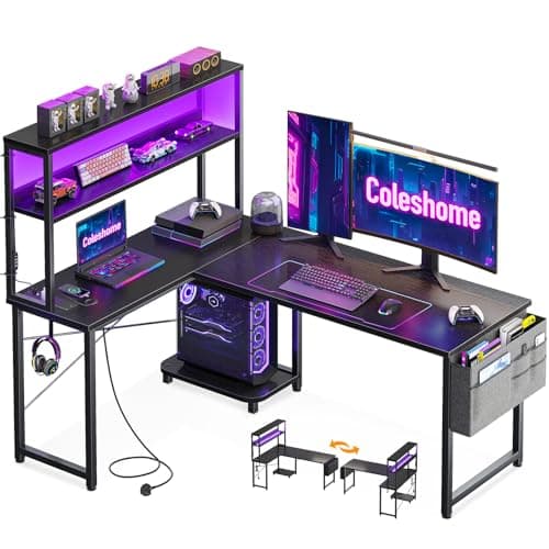Image of Coleshome L Shaped Gaming Desk with LED Lights & Power Outlet, 135 × 100 cm Reversible Computer Desk with Shelves, Corner Desks with Storage Bag & Hook for Home Office, Black