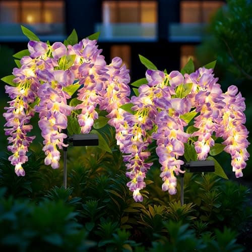 Image of FWLWTWSS Solar Flower Lights Outdoor Garden, Wisteria Garden Ornaments Outdoor, 2 Packs Flower Solar Lights with 104 LEDs, Waterproof, for Yard Lawn Patio Porch Pathway Cemetery Decorations (Purple)