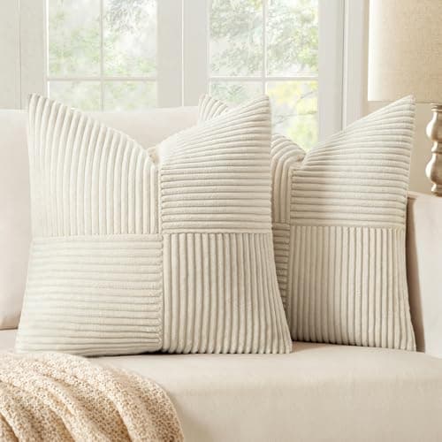 Image of MIULEE Cream Cushion Covers 45 x 45, Pillow Cases 2 pack Corduroy Square Patchwork Sofa Couch Cushions with Hidden Zip,18x18 inch Cushion Cover Boho for Living Room Sofa Bed Home Decoration