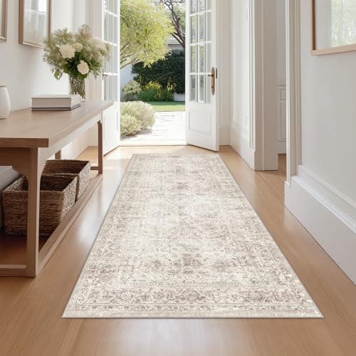 Image of Beauoop Hallway Runner Rug Beige Vintage Neutral Washable Non Slip Low Pile Traditional 60x180 cm Indoor Carpet Soft Retro Entryway Rug for Kitchen Living Room Bedroom Bathroom Laundry Entrance