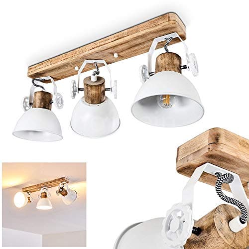 Image of Orny Ceiling lamp, 3-Flame, with Adjustable spotlights, Metal/Wood Ceiling lamp in White/Nature, 3 x E27 Socket, Retro/Vintage Design Spotlight, Bulbs not Included