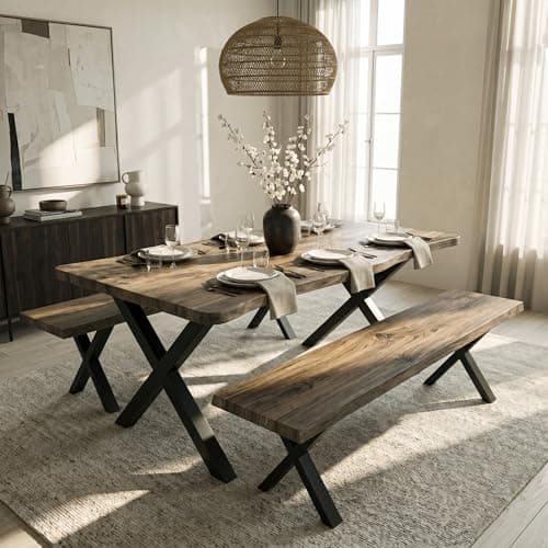 Image of Blisswood Dining Table with 2 Benches for 4-6 Seater, 160cm Industrial Kitchen Table Set for Small Spaces, Metal Cross Leg Frame, Oak Faux Live Edge Top with 3D Wood Finish, Dining Room Furniture