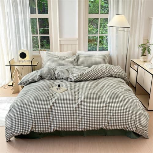 Image of Ruccit Green Gingham Duvet Cover King Size 100% Washed Cotton Tan Plaid Grid Duvet Cover Sets King Checkered Pattern 3PCS Quilt Cover Bedding Set with Zipper Closure Corner Ties,Soft,Breathable
