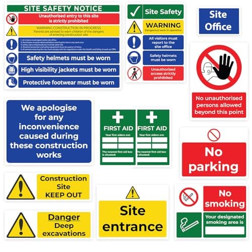 Image of RDLCAR Construction and Building Site Signs Pack of 12 Site Safety Sign Bundle Warning 600mm x 400mm Multi Hazard Safety Signs for Improved Workplace Safety