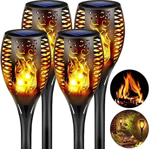 Image of Jimhaby Solar Lights Outdoor Garden, 4 Pack Solar Flame Light 33 LED Warm Flickering Flames Lights, IP65 Waterproof Torch Light Garden Ornaments Auto On/Off for Pathway Lawn Yard Decoration