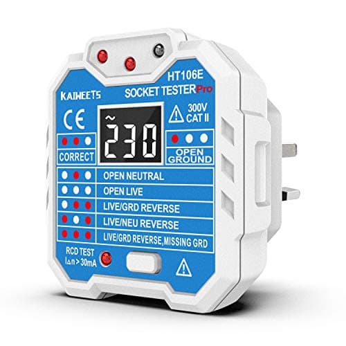 Image of KAIWEETS HT106E Socket Tester UK, RCD Plug Socket Tester Electrical Voltage Tester with LCD Display for Neutral/Live/EarthWire/RCD Testing, CAT II 300V, Includes 7 Visual Indications and Wiring Legend
