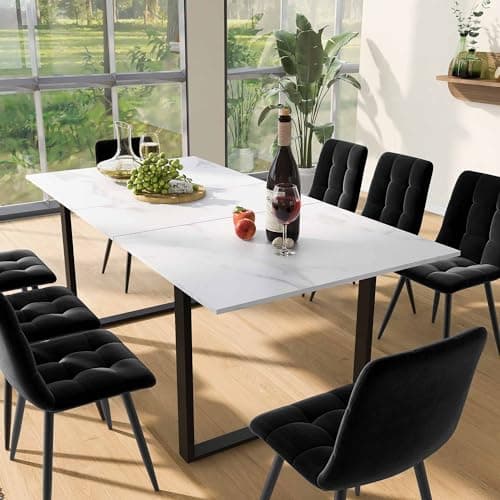 Image of FammyLoft Extendable Dining Table 140-180cm, Rectangular Marble Effect Dining Table, White Wooden Table with Black Metal Legs, Modern Kitchen Tables for Home and Office