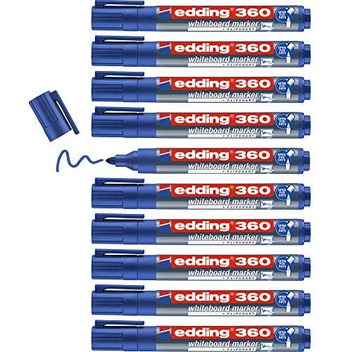 Image of edding 360 whiteboard marker - blue - 10 whiteboard pens - round tip 1.5-3 mm - whiteboard pen dry wipe - for whiteboards, flipcharts, pinboards, magnetic and memo boards - sketchnotes - refillable