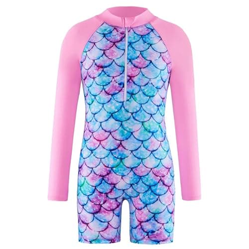 Image of LXEASYGO Girls Swimming Costumes One-Piece Kids Long Sleeve Swimsuit Zipper Mermaid Swimwear for Girls 3-14 Years (UK, Age, 9 Years, 10 Years, Regular, Pink)