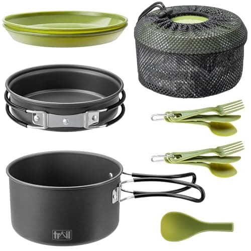 Image of Trail Camping Cookware Set 11pc, 2 Person Outdoor Camp Cooking Kit, Non Stick Hard Anodised Aluminium, 1L Cook Pot, Frying Pan, Spatula, Plates, Cutlery Sets, Lightweight Portable Stackable with Bag