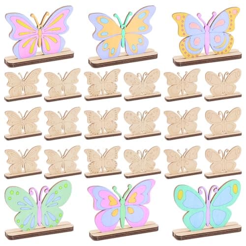 Image of FINGERINSPIRE 24 Sets Wooden Butterfly Painting Set 6 Styles Moccasin Color Natural Wood Texture Unfinished Wood Butterflies with Bases DIY Crafts Display for Home Decoration Creative Paint Projects