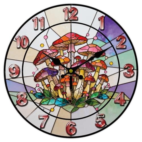 Image of CONCHLERY 12 Inch Colourful Glass Mushroom Pattern Round Wall Clock Silent Non Ticking Decorative Clock, for Home Living Room Bedroom Kitchen Office Decor