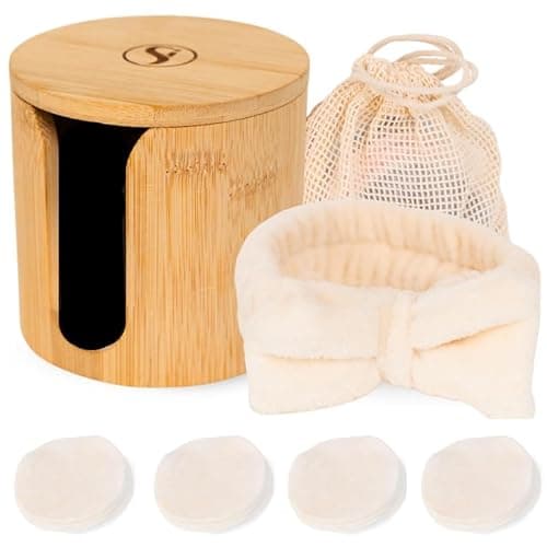 Image of S&I Naturals Reusable Makeup Remover Pad Set – 16 Bamboo Cotton Rounds with Jar, Headband & Laundry Bag – Eco-Friendly, Washable Face Pads – Zero Waste Skincare Gift (White)
