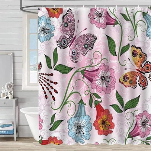 Image of FAIRYGATE Garden Shower Curtain Shower Curtains 100% Water Repellent Mildew Resistant Soft Luster Finish Butterfly Blossom Multicolored 180 x 180cm B8010