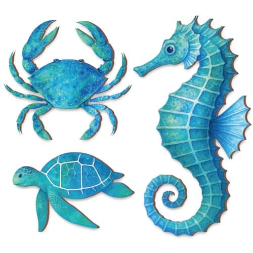 Image of GOMAKERER 3 Pcs Seahorse Sea Wall Decor, Blue Sea Turtle Seahorse Crabs Wall Art Ocean Beach Wall Decor Vintage Nautical Coastal Theme Ornaments for Home Lake House Bedroom Bathroom Decor