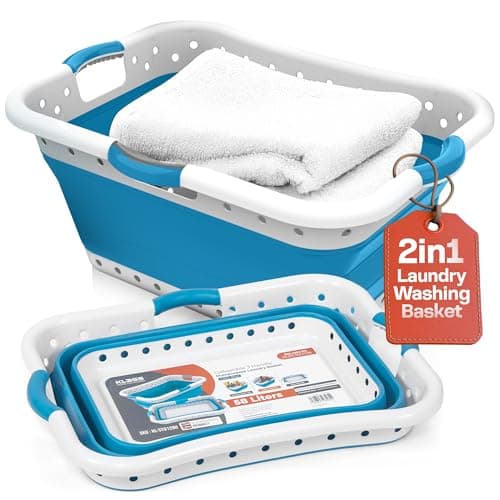 Image of Klass Home Collection 58L Large Collapsible Laundry Baskets Plastic, Pop Up Foldable Washing Basket, Laundry Hamper For Sorting & Drying, Space Saving Folding Wash Bucket Tub (3-Handle, Blue)