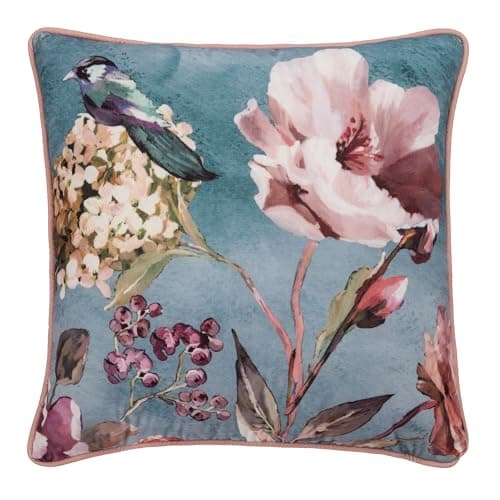 Image of Appletree Blue Floral Bird Cushion 55x55cm – Filled Decorative Pillow with Piped Edge & Zip – Large Cotton Cushion for Sofa, Bed or Chair – Birds & Flowers Print – Home Decor Accent