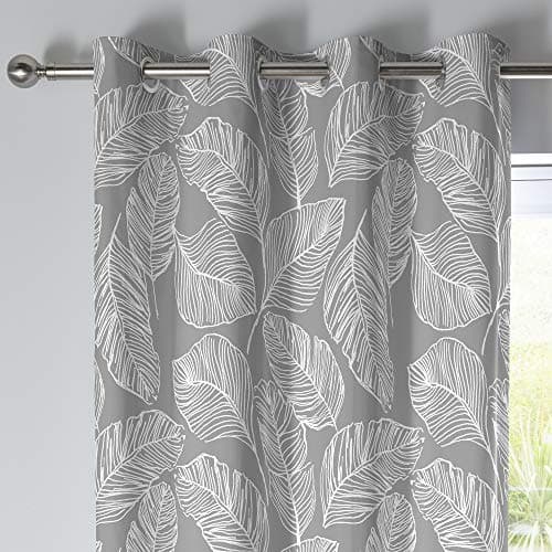 Image of Fusion Grey Leaf Eyelet Curtains, W66 x L54 (168 x 137cm), 2 Panels, 100% Cotton, Tropical Print, Matteo Collection