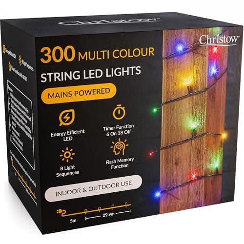Image of CHRISTOW Christmas Fairy Lights, Multi-Coloured LED String Lighting with Timer, Indoor & Outdoor, Tree Lights, Mains Operated, 8 Light Modes Flashing & Static, Green Cable (300 LED / 30m Lit Length)