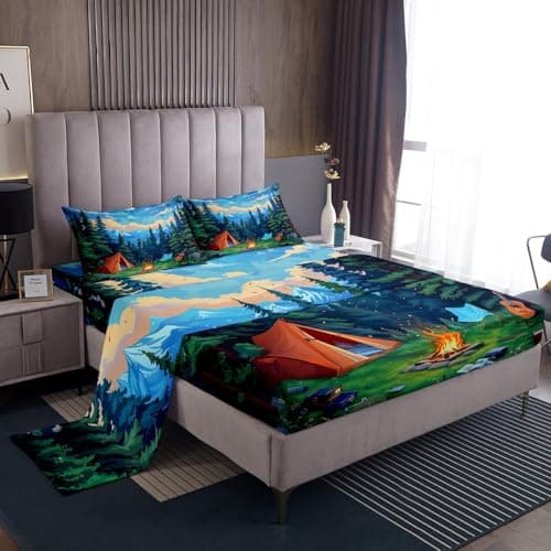 Image of Homewish Woodland Night Bed Sheets Single Campfire Sheet Set Boys Tent Adventure Bedding Set - Cartoon Scene Bedclothes Room Decor Fitted Flat Sheets 3 Piece