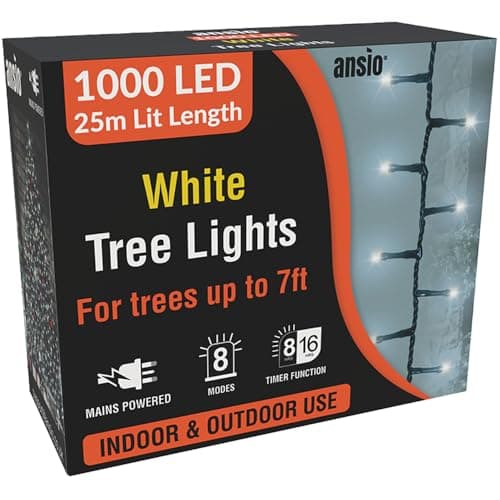 Image of ANSIO® Christmas Tree Lights 1000 LED 25m/82ft - Cool White Cluster Compact Lights for Indoor & Outdoor Decorations Fairy Lights with Timer for Xmas Garden & Party | Mains Powered Green Cable