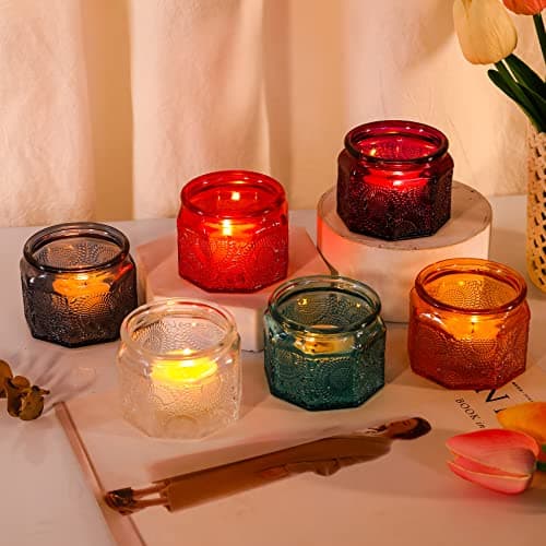 Image of Set of 6 Colorful Glass Tea Light Candle Holders Vintage Votive Jars with Lid, Ideal New Home Party Weddings Decorations for Table Centrepiece
