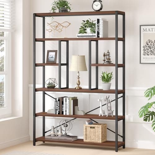 Image of LVB 6 Tier Tall Bookshelf, Wood Metal Bookcases and Book Shelves 6 Shelf, Industrial Large Wide Etagere Book Shelf for Living Room, Vintage Rustic Big Open Bookcase Storage for Bedroom Office, Walnut