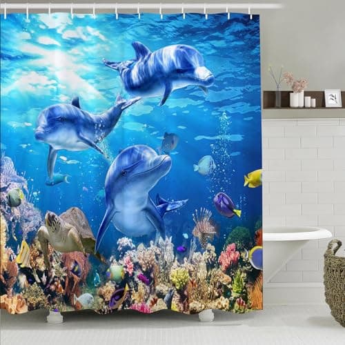 Image of Simpomsy Dolphin Bathroom Curtains, Underwater Shower Curtain 180x180cm - Blue Ocean Theme