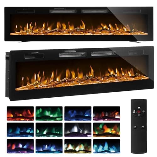 Image of Ultra Thin Electric Fireplace 50"/60" Wall Mounted/Recessed/Freestanding Fire Heater with 12 LED Flame Color 5 Brightness Thermostat Overheat Protection Remote & Touch 750W/1500 (Black, 60inch/152cm)