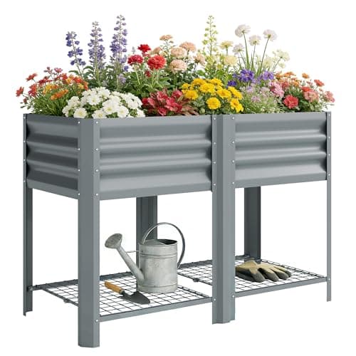 Image of Outsunny Metal Raised Garden Bed with Storage Shelf, Elevated Planter Box with Legs, Bed Liner, Gloves, Raised Planter for Vegetables Flowers Herbs Outdoor