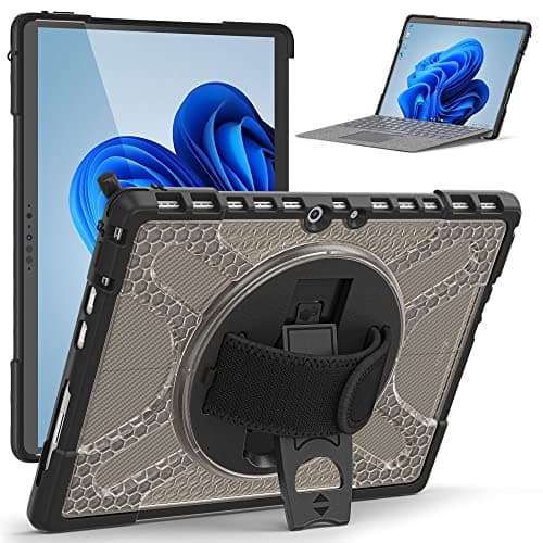 Image of TECHGEAR X-Case fits Microsoft Surface Pro 8 13" [Signature Keyboard Compatible] Tough Rugged HEAVY DUTY Armour Shockproof Impact Case with 360 Rotating Hand Strap & Stand - Black/Smoke